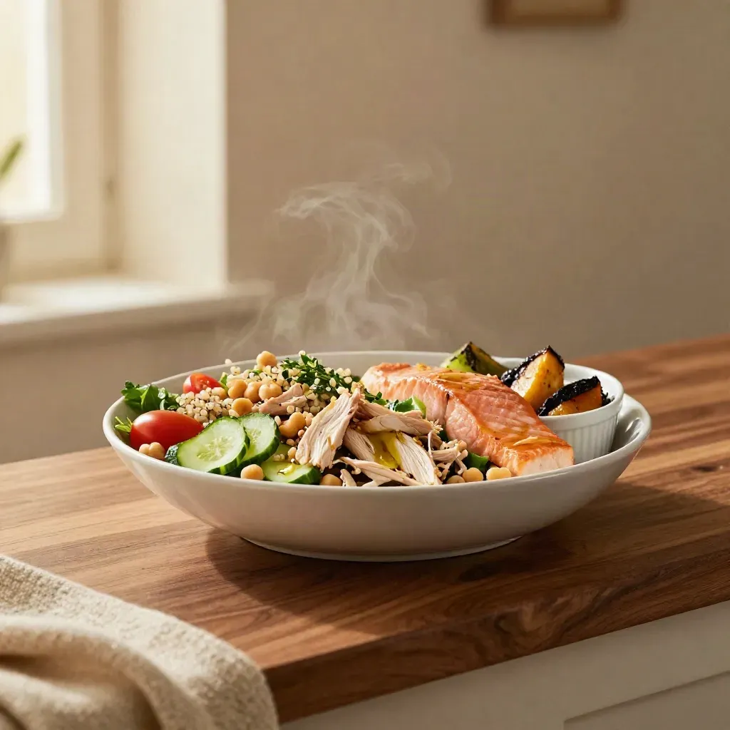 Twee gezonde lunchgerechten: een saladebowl en warme groente met zalm op wit servies.