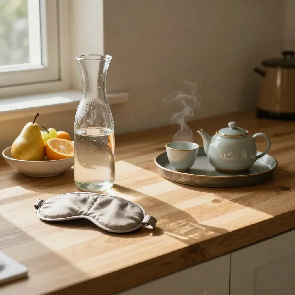 Ochtendritueel op licht hout met waterkaraf, fruit, slaapmasker en theeschaaltje.