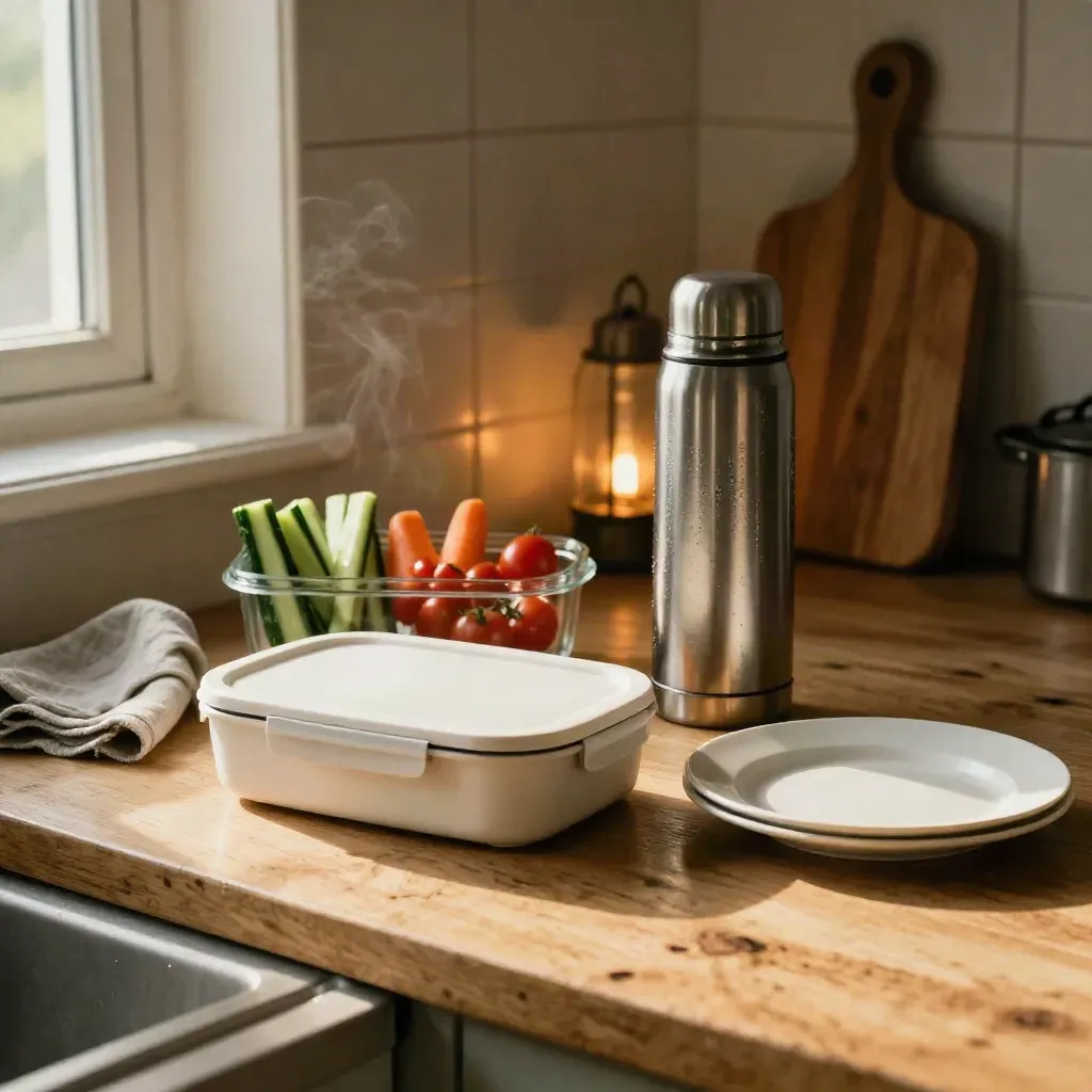 Twee lunchboxen met rauwkost, thermoskan en bord klaar op een warme keukentafel.