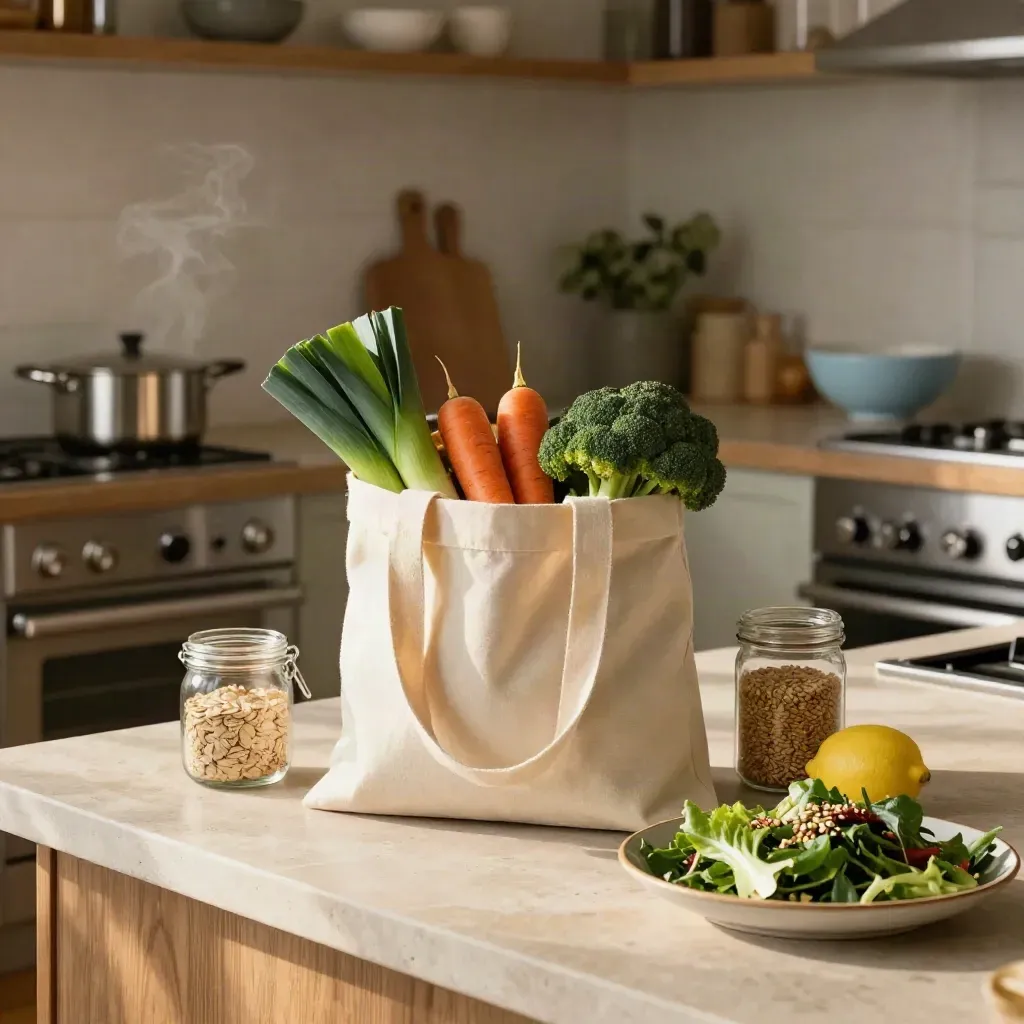 Canvas boodschappentas naast groenten, granen en saladebord in een rustige keuken.