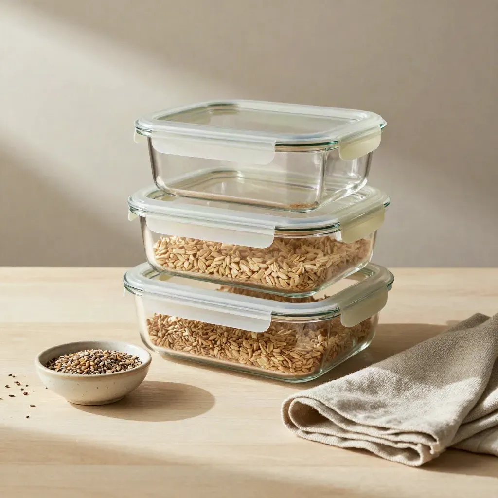 Glazen meal-prep bakjes, zaadjeskom en linnen servet op licht hout, van boven gefotografeerd.