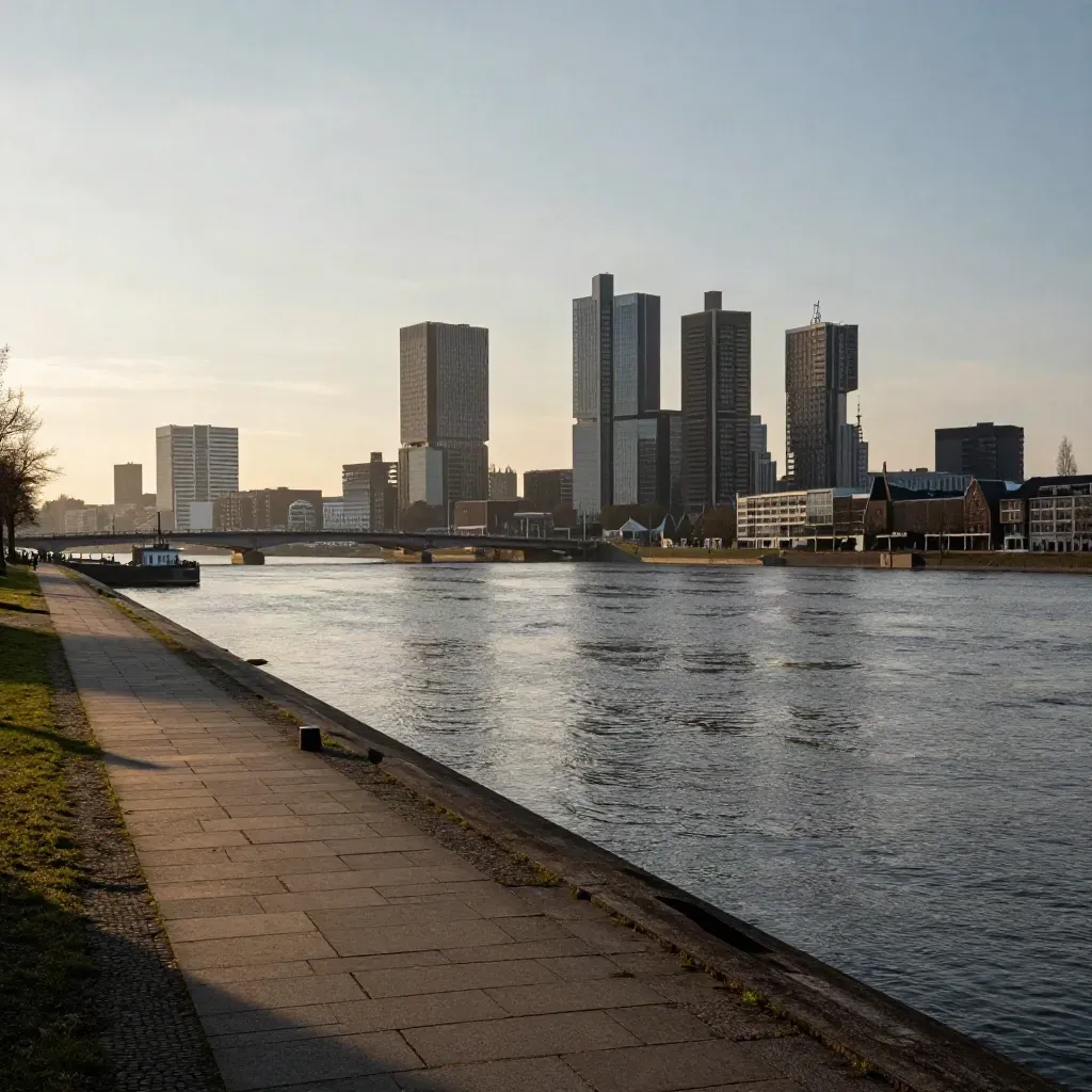 Rotterdamse skyline boven de Maas in gouden avondlicht met brede waterstrook en zachte haze.