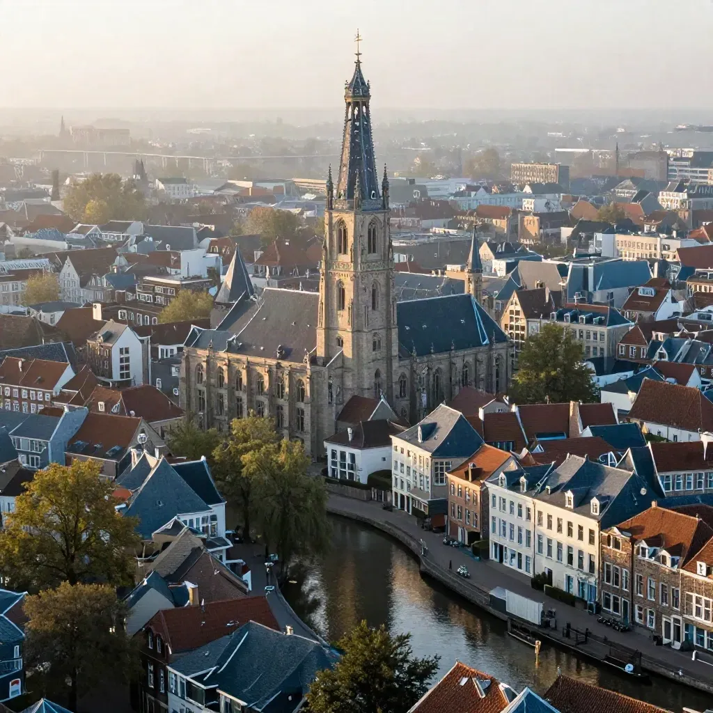 Domtoren boven Utrecht in ochtendmist, met stille grachten en zachte daken voor copyruimte